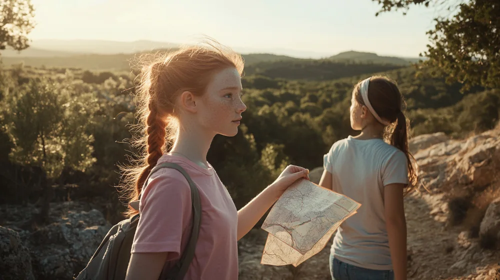 girls Hiking with map